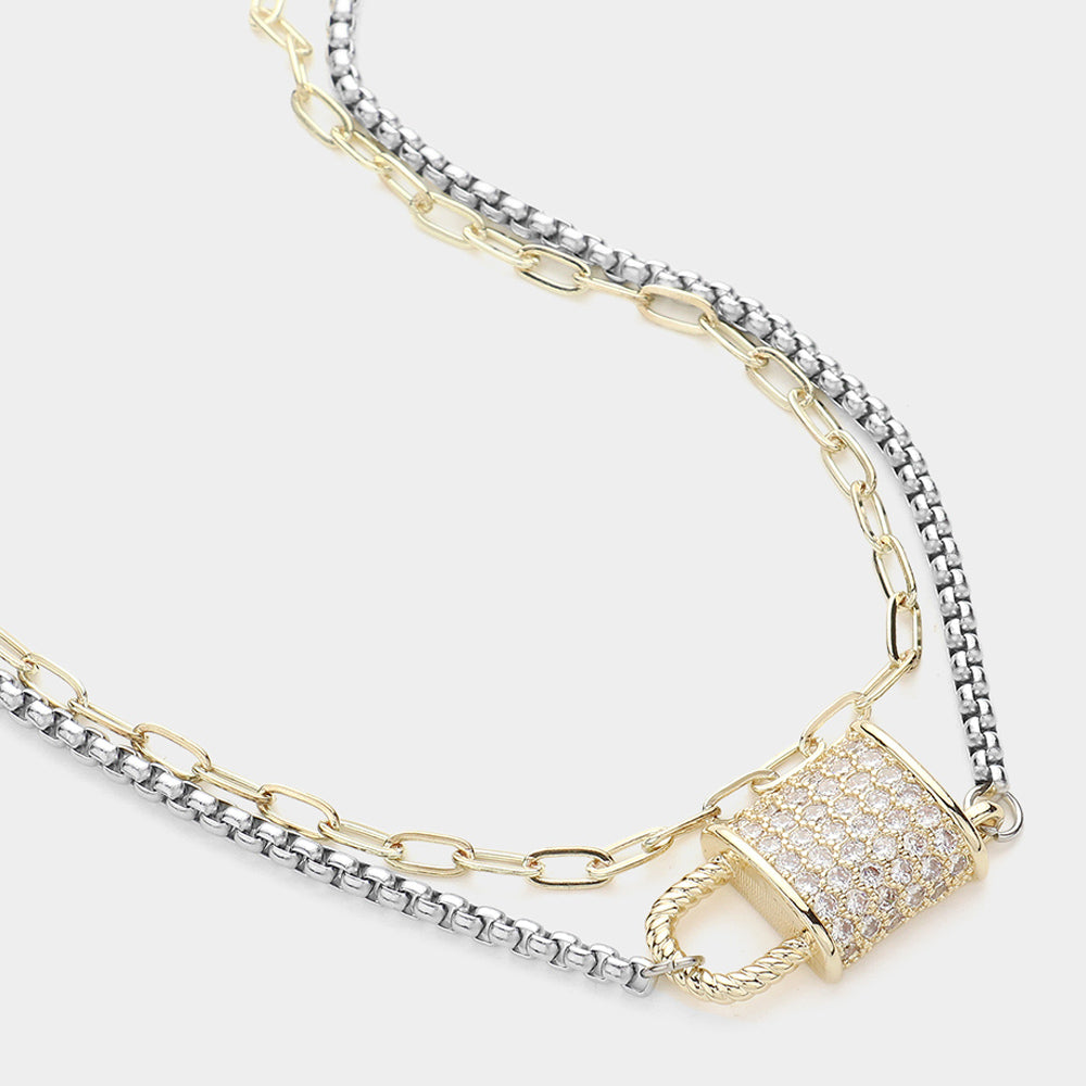 14k Gold Plated Lock Pendant Layered Necklace